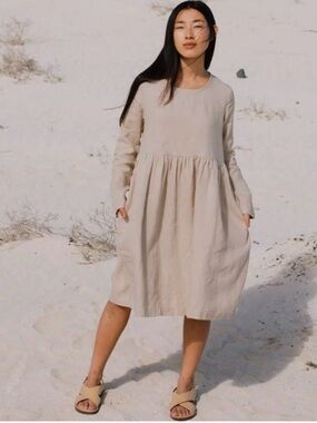 notPERFECTLINEN Natural Beige Long-Sleeve Gathered Waist Linen Dress